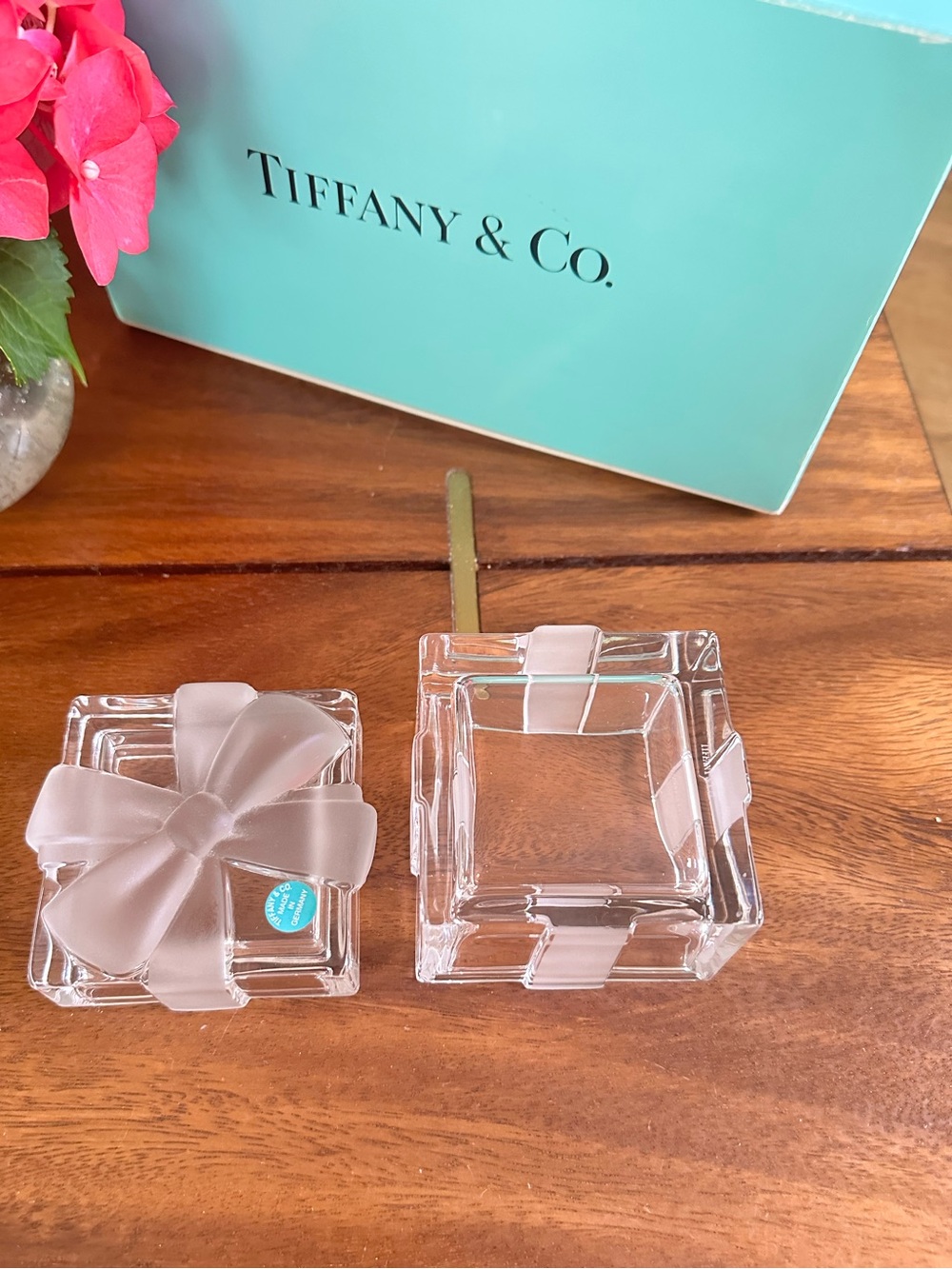 Tiffany & Co Crystal 3x3 Trinket Box Frosted Bow Jewelry Box w/ Tiffany Blue Box - Picture 7 of 12
